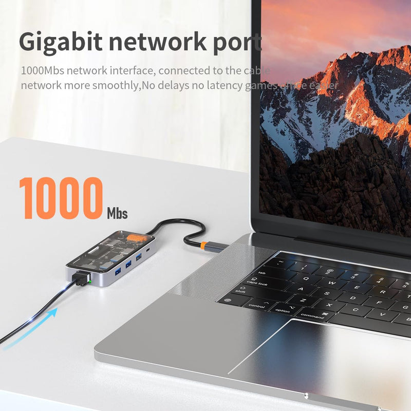 DroiX NT8 Clear USB Hub with Ultra-Fast RJ45 Gigabit Ethernet, 4K HDMI 2.0 Output, Rapid 100W PD Charging, Versatile 3X USB Type-A 3.0 Ports, Dual Micro/SD Card Readers, Sleek Design.