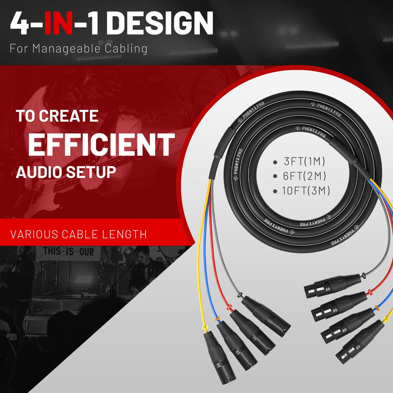 [AUSTRALIA] - Phenyx Pro 4-Channel XLR Cable, 6 Ft Snake Cable, Balanced Microphone Cord, XLR Splitter, Color-Coded, 4-in-1 Design, 3-PIN Male to Female Patch Wire, w/OFC Copper (PCBL-4IN1-6) 6 Feet 