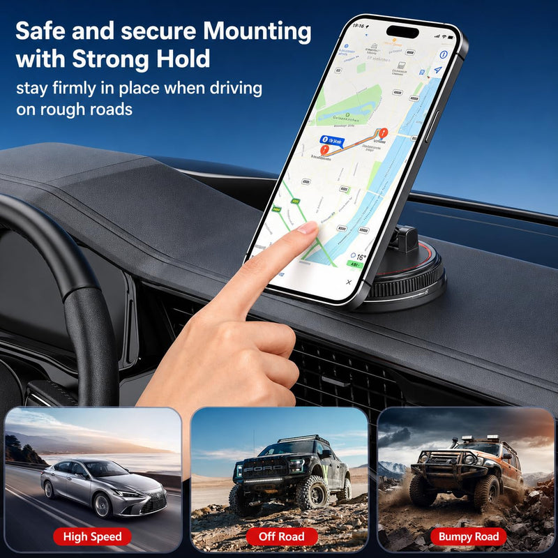 Car Phone Holder Mount for MagSafe, 108LBS Vacuum Suction&3000gf Magnetic | 360° Adjustable Foldable Dashboard Windshield Car Phone Mount for iPhone 17-12 & Android black norm