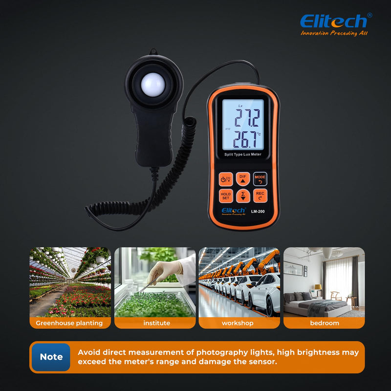Elitech Digital Light Meter LM-200, Handheld Illuminance Meter with LCD Display, 200,000 Lux Range, Temperature Measurement