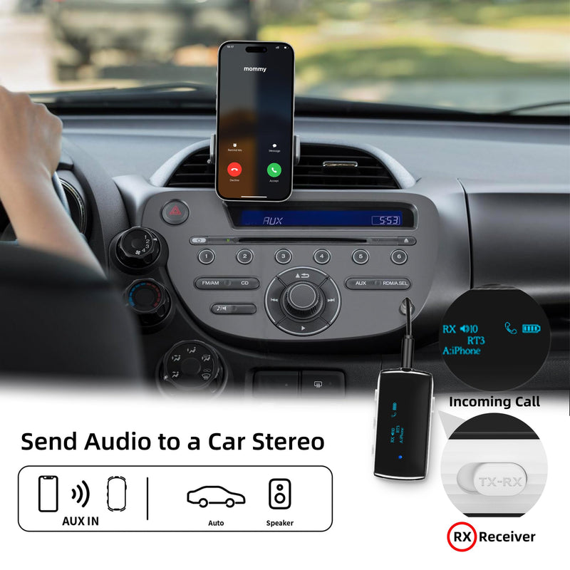 Bluetooth Transmitter Receiver for 2 AirPods/Headphones, Flight Bluetooth 5.2 Adapter for Airplane, TV, Gym and PC with a 3.5mm Audio Jack, Wireless BT Receiver with Mic for Car/Home Stereo White