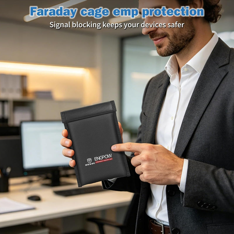 ENGPOW Military Grade Faraday Bag for Phones, Signal Blocking Pouch Black | Fireproof, Waterproof, Anti-Tracking, RFID Blocker (5G/GPS/WiFi/Bluetooth) with Detachable Shoulder Straps, for Daily Travel