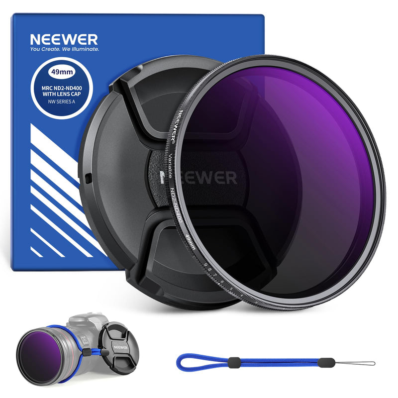 NEEWER 49mm ND2-400 (1-9 Stops) Variable ND Filter with Lens Cap, Lanyard, Cleaning Cloth, Precise Neutral Density Adjustment, Fingerprint & Scratch Resistant Multicoated Optical Glass