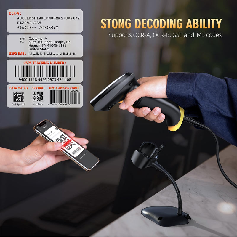TEEMI 2D Barcode Scanner with Smart Stand USB Wired Handheld Automatic QR Data Matrix PDF417 OCR bar Codes Imager Global Shutter Computer Screen Scan for Windows Mac and Linux PC POS, Stand Included USB Wired with Stand