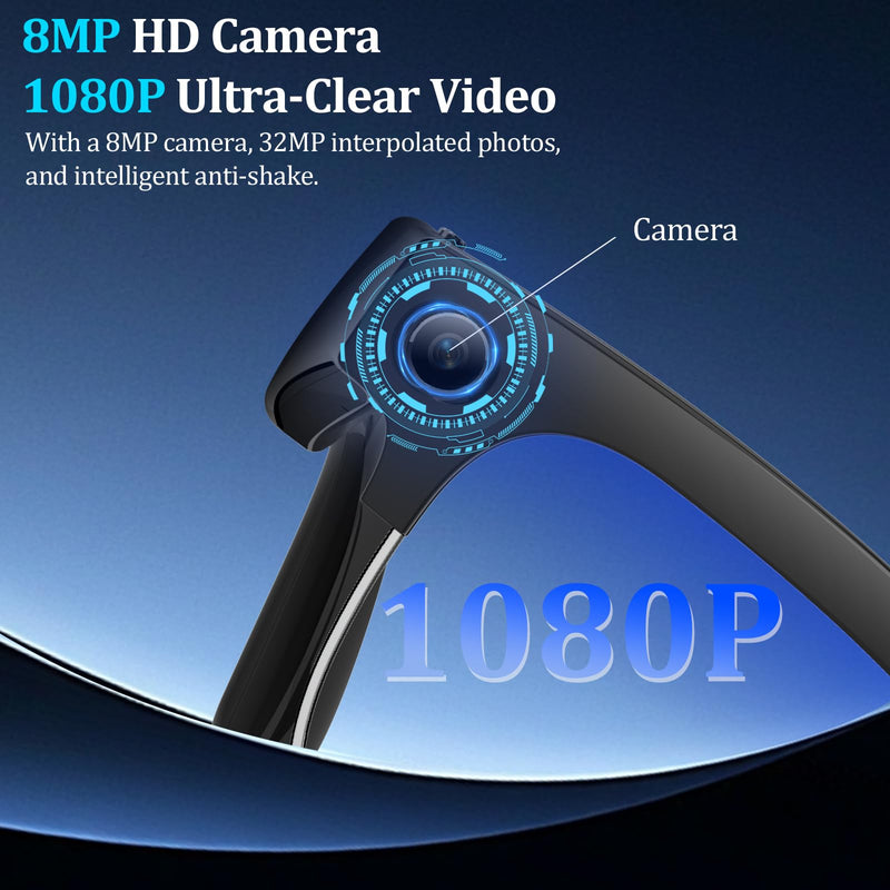 AI Smart Glasses with Camera, 8MP Anti-Shake Bluetooth Camera Glasses,1080P Video Recording Dual Mic Noise Reduction, Real Time Translation&Simultaneous Interpretation, 290mAh Capacity(W630)