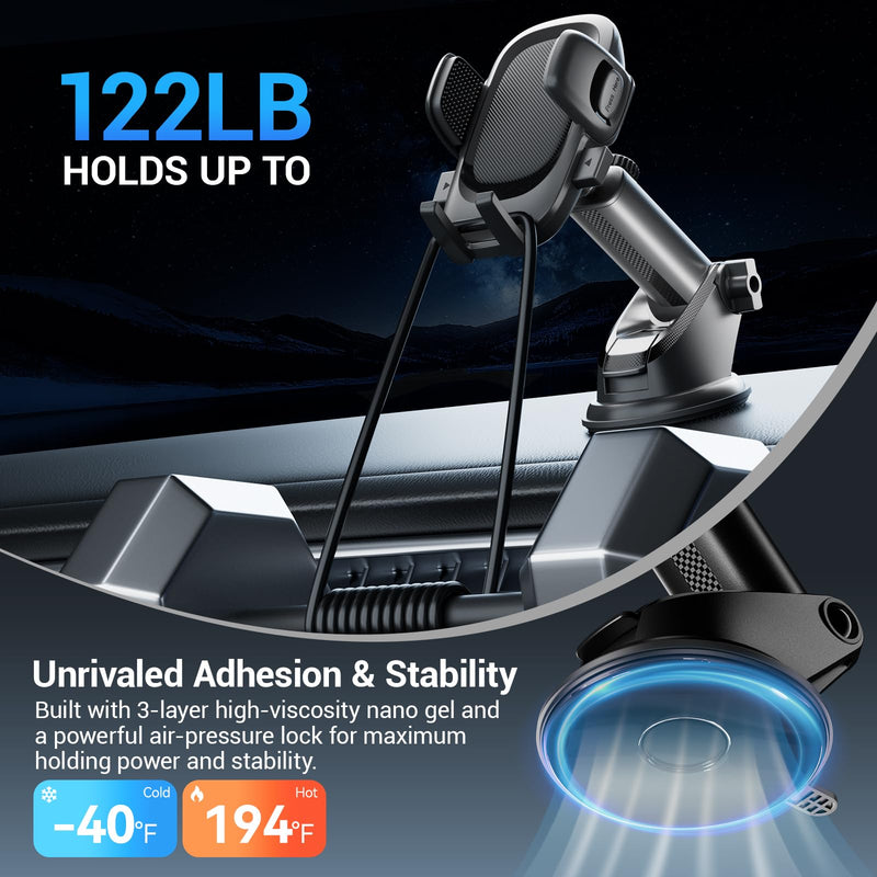 Fourpillars 2026 Upgraded Car Phone Holder Mount Strongest Suction & Clamp | Phone Holders for Your Car Mount with Suction Cup & Telescopic Arm Truck Stand Dashboard Windshield Vent iPhone & Samsung