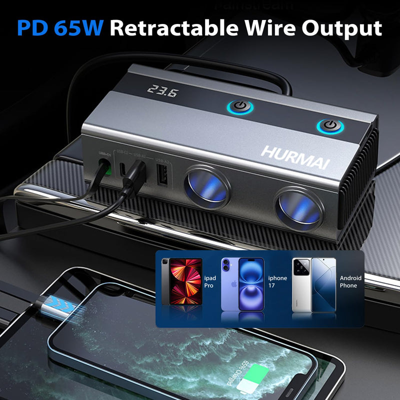 Dual Socket Cigarette Lighter Splitter Adapter with Retractable Phone Charger, 120W Heavy Duty Truck Car USB Chager Multi Port with PD/QC Charge USB C 12V/24V Independent Switches for Car Devices