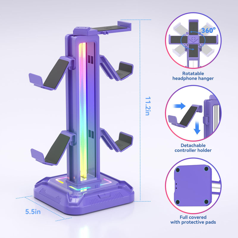KDD RGB Headset Stand with 9 Light Modes - Controller Holder for Desk - Rotatable Headphone Stand & Detachable Controller Hook for PC Earphone Accessories(Purple) Purple