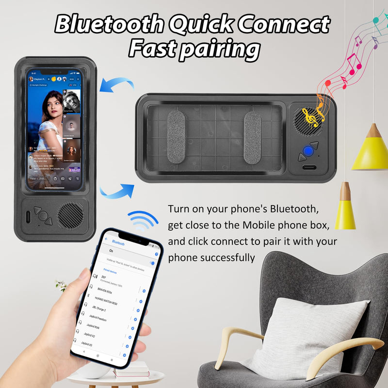 [AUSTRALIA] - Shower Phone Holder with Wireless Bluetooth Speaker,2026 New Waterproof 480 Rotation Viewable Shower Phone Case Speaker for Any Phone, Wall Mounted Phoneholder Stand for Bathroom Mirror (Black) Black 