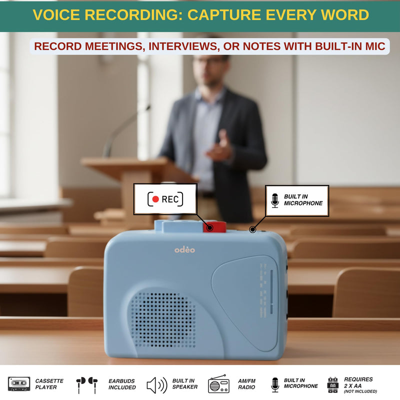 Cassette Tape Player | Portable Battery Operated | Radios Portable AM FM with Built-in Speaker, Tape Voice Recorder, VAS, Aux In Port | Includes Wired Earbuds for Music and Travel BLUE