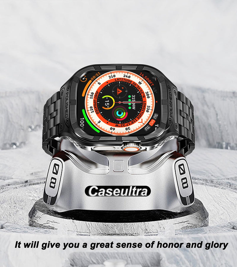 Stainless Steel Case and Band Compatible for Apple Watch Ultra 2 Band/Apple Watch Ultra Band 49mm 45mm 44mm 42mm,Rugged Metal iWatch Ultra/Ultra 2 Case with Strap for Men Black