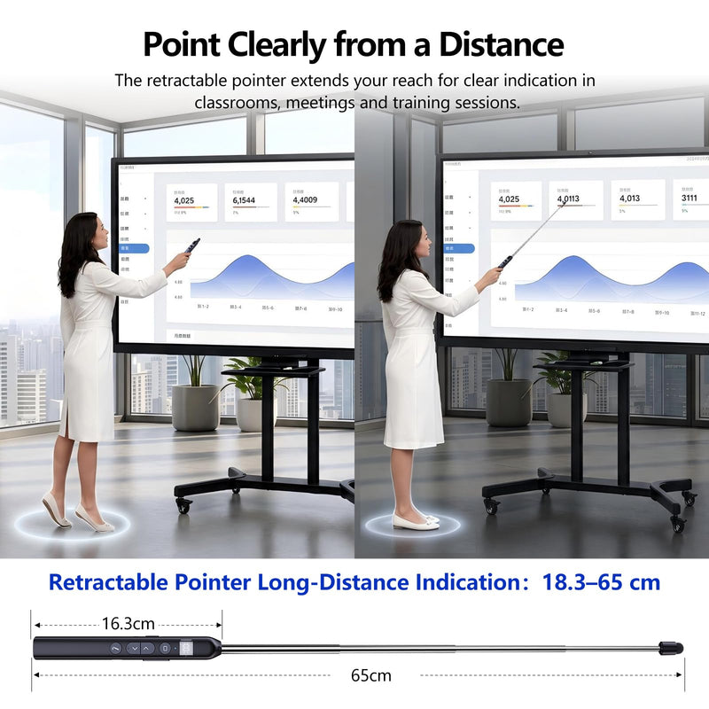 N21 Bluetooth Presentation Clicker for PowerPoint with Retractable Pointer | ①Laser Pointer②Telescopic touch pen③Countdown timer, vibration alert ④Customizable Button ⑤Rechargeable;battery level display Black - Green Pointer