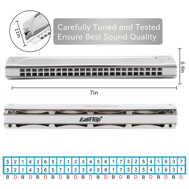 East top Tremolo Harmonica Key of F, 24 Holes Professional Tremolo Mouth Organ T2406S Harmonica For Adults, Professionals and Students