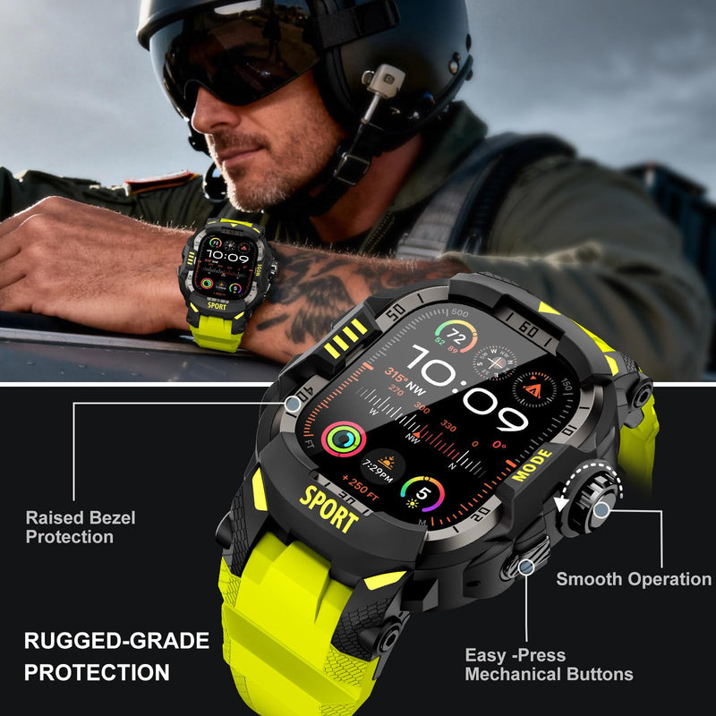 DABAOZA Rugged Case with Band Men Tactical Compatible with Apple Watch 49mm | Screen Protector Military Grade Shockproof Bumper Men Tactical Heavy Duty Strap,for iWatch Ultra 3/2/1,Fluorescent Green 49MM Fluorescent Green