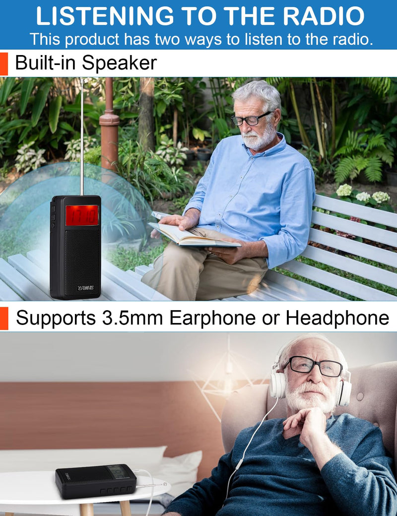 [AUSTRALIA] - ZHIWHIS Portable Radio, AM FM Receiver, DSP Small Pocket Radios Operated by AAA Batteries, Digital Clock, 100 Station Memory, Start Timer/Sleep Timer, for Walking/Running, Black ZWS-105 