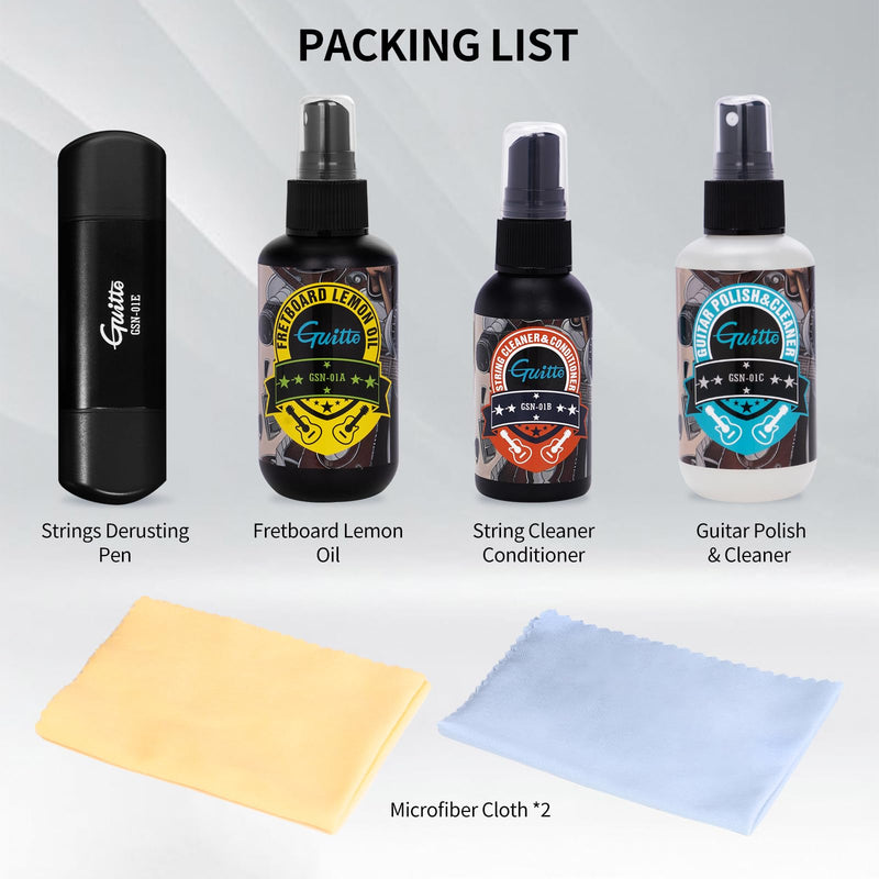 GUITTO Guitar Cleaning Kit All in One - Guitar Care Kit with Fretboard Lemon Oil, Guitar Polish, String Cleaner for Acoustic Guitar, Electric Guitar, Bass - Microfiber Cloths GSN-01