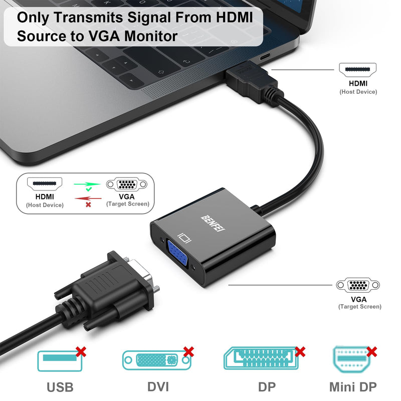 BENFEI HDMI to VGA, 5 Pack, Gold-Plated HDMI to VGA Adapter (Male to Female) for Computer, Desktop, Laptop, PC, Monitor, Projector, HDTV, Chromebook, Raspberry Pi, Roku, Xbox and More - Black