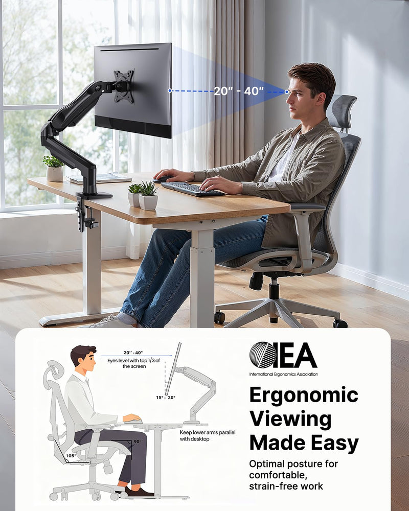 HUANUO FlowLift™ Single Monitor Mount, 13 to 32 Inch Monitor Arm, Adjustable Monitor Stand, Vesa Mount with Clamp and Grommet Base - Fits 4.4 to 19.8lbs LCD Computer Monitors Black 1