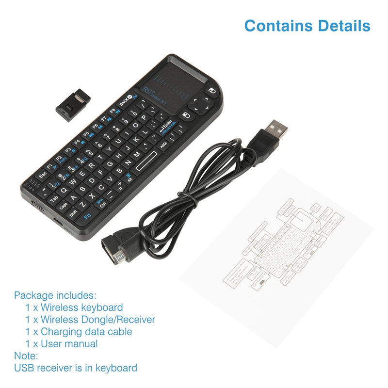 Rii Mini Wireless Keyboard with Touchpad＆QWERTY Keyboard,Support Bluetooth ＆2.4G Connection,Built-in Laser Pointer, Backlit Portable Keyboard Wireless with Remote Control, X1-BT Black.
