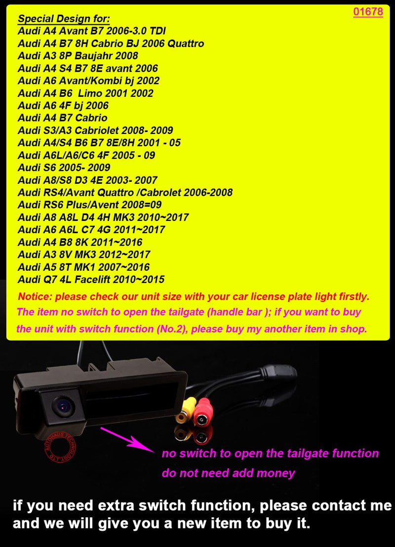 Trunk Handle Vehicle Camera Integrated into Case Handle Rear View Camera Parking Reverse for A6L/Q7/A3 8P 8V /A4 B6 B7/A6L/8E /S5 (Model 01678=110x30 mm) Model 01678=110x30 mm