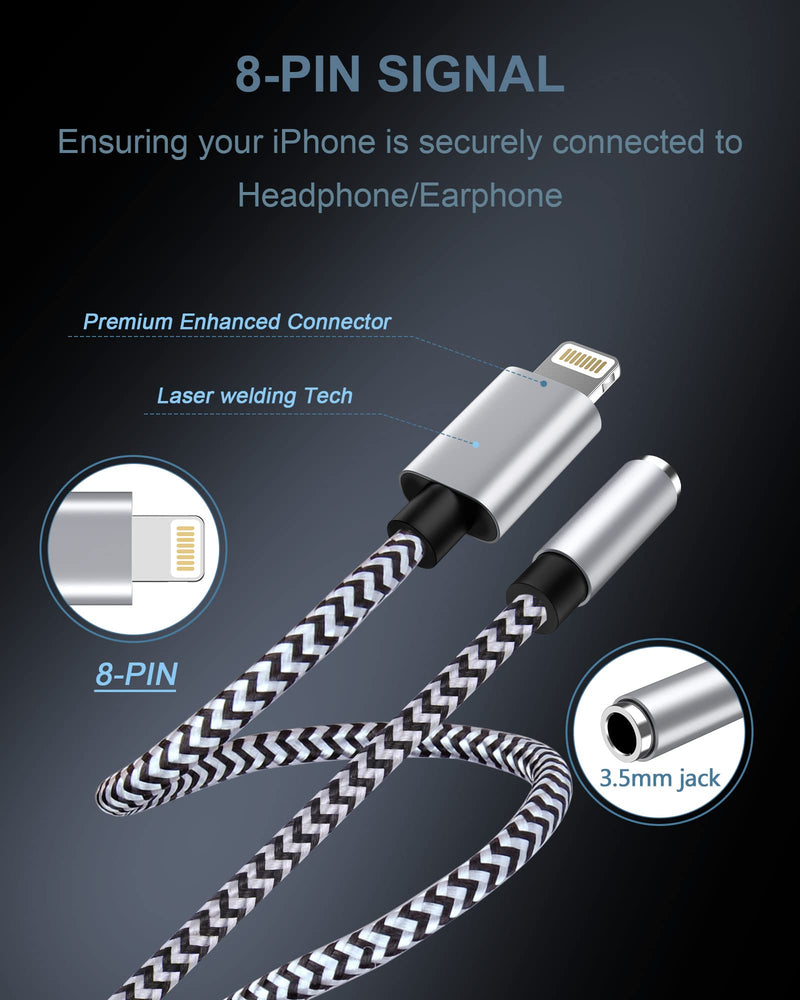 2Pack iPhone Headphone Adapter, [Apple MFi Certified] Lightning to 3.5mm Headphone/Earphone Audio Aux Jack Adapter iPhone Aux Adapter Dongle for iPhone 14 13 12 11 Pro Max Plus Mini XR XS 8 iPad iPod 2*White, Black