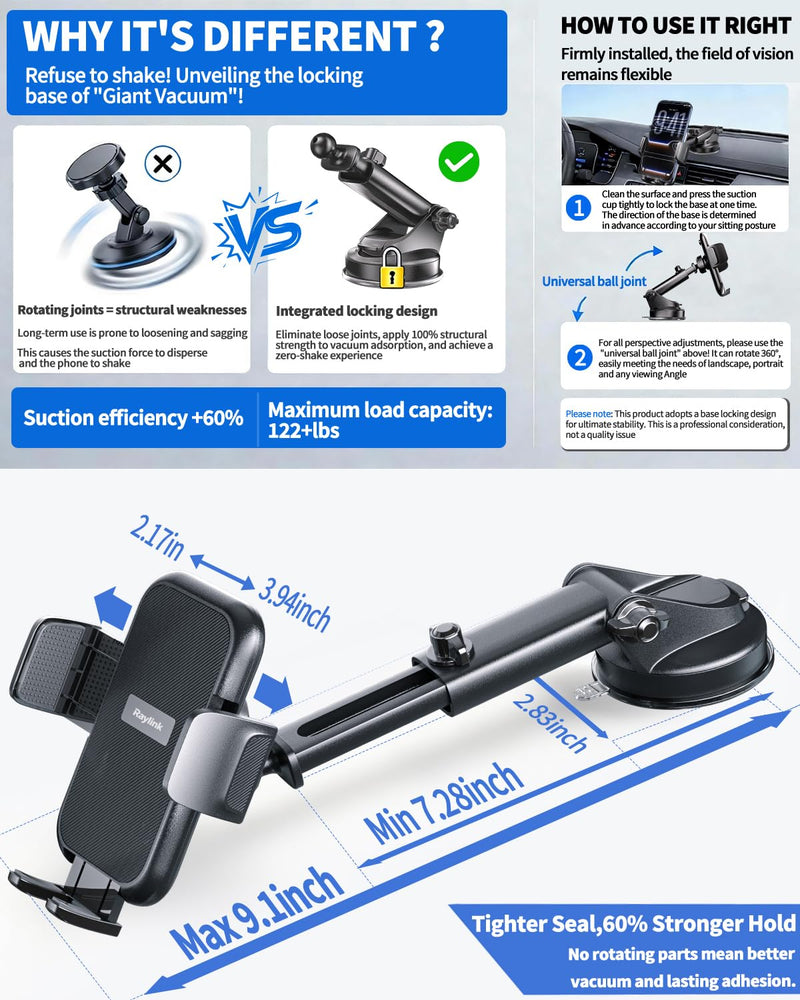 NO.1 Best【Fixed Integrated 122lb】Military-Grade Car Phone Holders Windshield Dashboard Vent【Upgraded Suction & Clip】Cell Phone Mount with Patent & Safety Certs for iPhone 17 Pro Max 16 15 Samsung Four-claw panel + duckbill clip