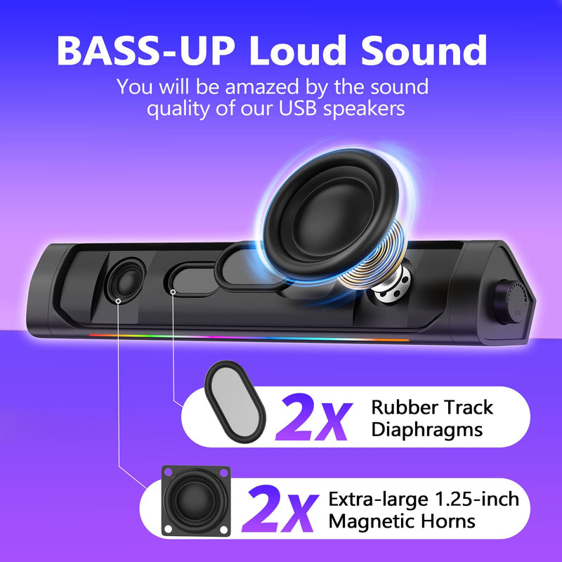 USB Computer Speakers for Desktop Pc,Bluetooth PC Speakers with Headphone Output,2 Ways Connect USB Powered Wired Speakers for Windows,Linux,Mac Air/Pro Phones(USB-C to USB Adapter Included) Black