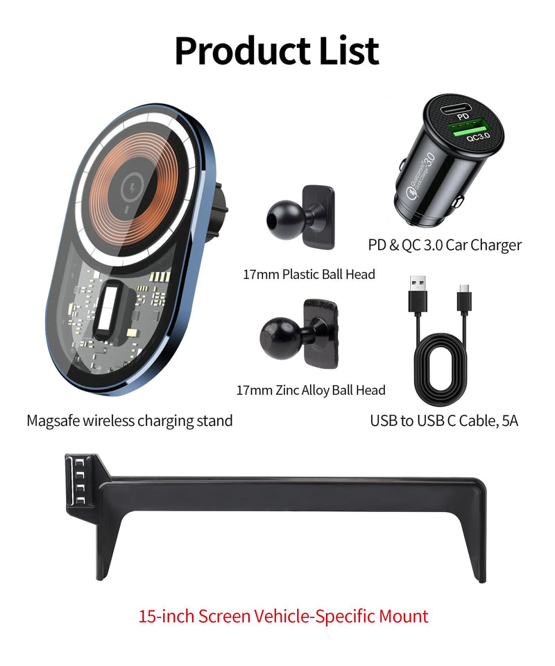 15W Wireless Charger Car Phone Mount for Volkswagen Tiguan 2025-2026 | 15" Screen, VW Magsafe Magnetic Accessories Fast Charging Cell Phone Holder Clip Compatible with iPhone Android, 3D Fit 15-inch for 2025-2026 Tiguan