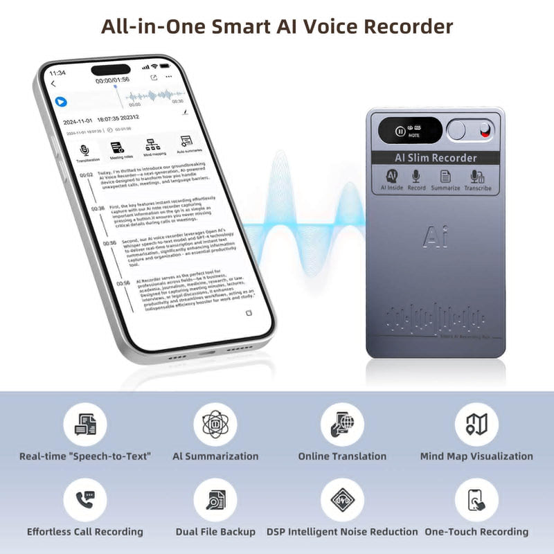 [AUSTRALIA] - AI Voice Recorder with App Control, Advanced AI Transcribe & Summarize with 64GB Memory, Note Voice Recorder, Audio Recorder for Meetings, Lectures, Interviews, Supports 118 Languages, Grey 