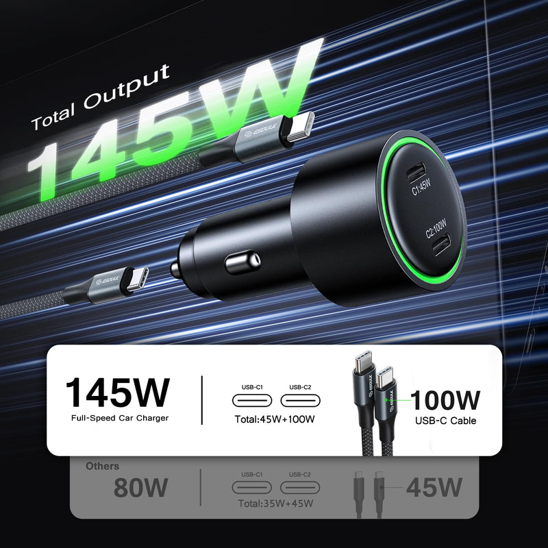 Esoulk145W USB C Car Charger Dual Port Cigarette Lighter Phone Charger | 145W fast dual USB-C car charger, includes 6ft 100W braided USB-C cable, charges 2 phones, tablets, or laptops.