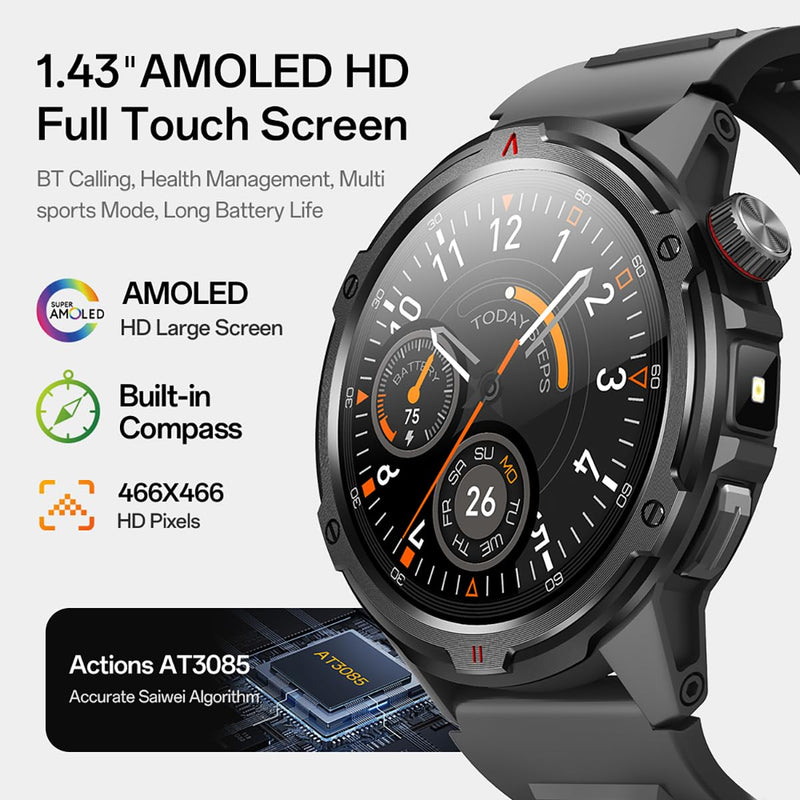AOLON 1.43” AMOLED Smart Watch, 1ATM Waterproof Military Fitness Tracker | AOD Display Bluetooth Call Compass AGPS, Heart Rate SPO2 Sleep Monitor for Men Black