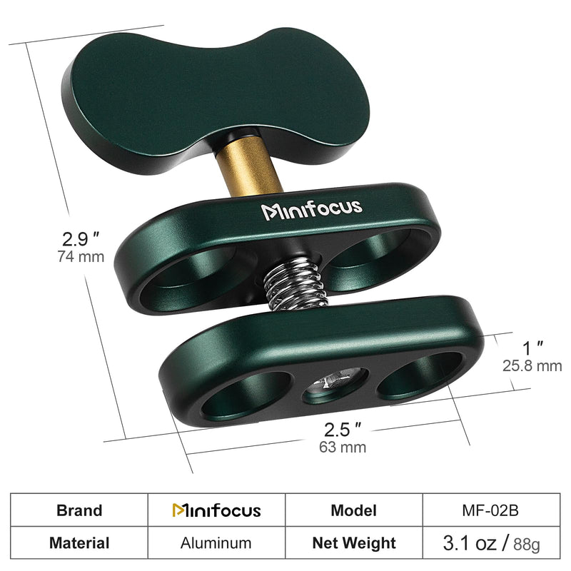 [AUSTRALIA] - Aluminum 1" Ball Clamp Mount, Double Socket Arm, 360° Spring Clip Adapter Bracket Holder for Underwater Diving Photography System, Compatible with B Size 1" Ball Components for RAM 1 Packs Dark Green 