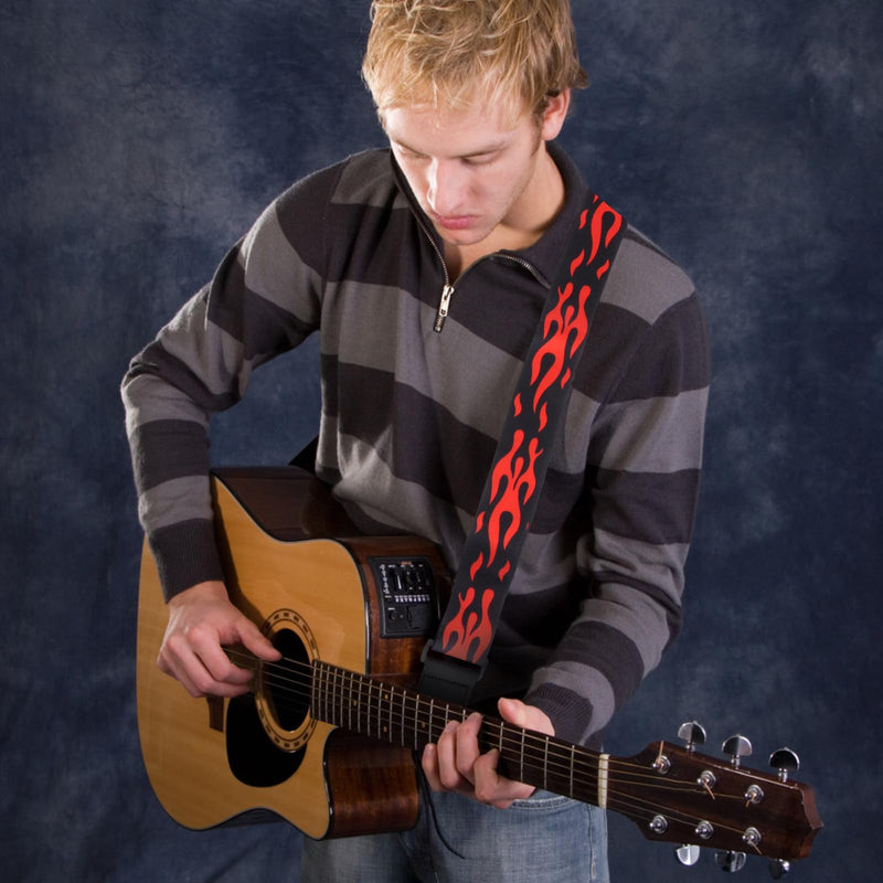 Vaguelly Guitar Strap, Red Flame Jacquard Guitar Strap with Leather End, Adjustable Length, for Guitar As Shown01