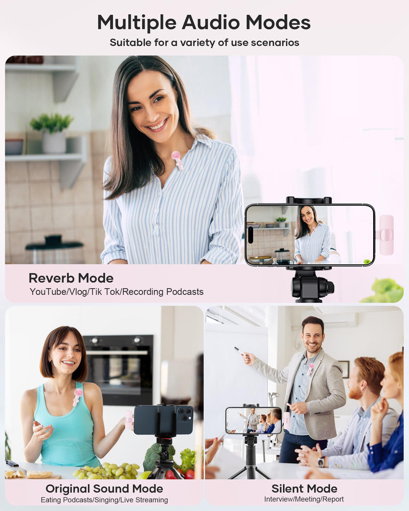 [AUSTRALIA] - Wireless Lavalier Microphone for iPhone iPad and Android Phone, 2 Pack Lapel Mic Plug and Play Wireless Mic Noise Reduction Microphone for Video Recording Interview Podcast Vlog YouTube Tiktok (Pink) Without Case Pink 