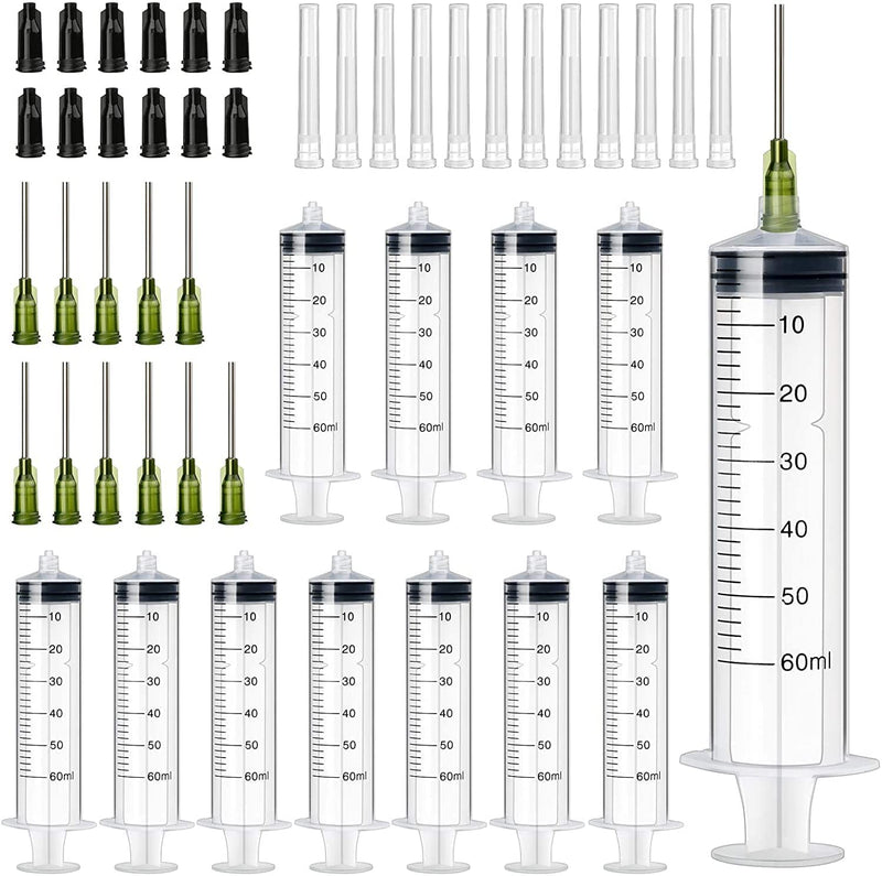 12 Plastic Syringes, 60 ml, Plastic Syringes with Cap, Dosing Syringe with Needle, Reusable Small Plastic Syringe for Liquid Measurement and Dispensing, Industrial, Animal Feeding