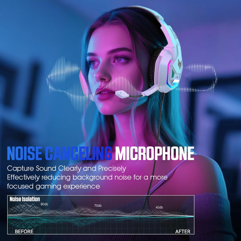 [AUSTRALIA] - YPBDAN Gaming Headset for PS5, PS4, Xbox Series X|S, Xbox One, PC, Switch, Mac - RGB Over-Ear Headphones with 7.1 Surround Sound, Noise Cancelling Mic, 50mm Drivers & Memory Earmuffs for Nintendo 64 White 