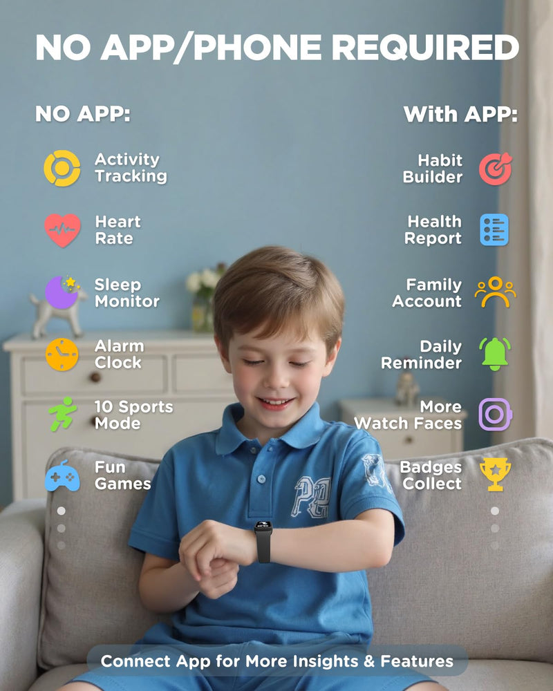 Vigor 3 Kids Fitness Tracker Watch, AMOLED Screen for Boys Ages 5-15 | No Phone No App Required, 3ATM Waterproof, Pedometer, Heart Rate and Sleep Monitor, Vibrating Alarm, 10 Sport Modes, Reminder Black