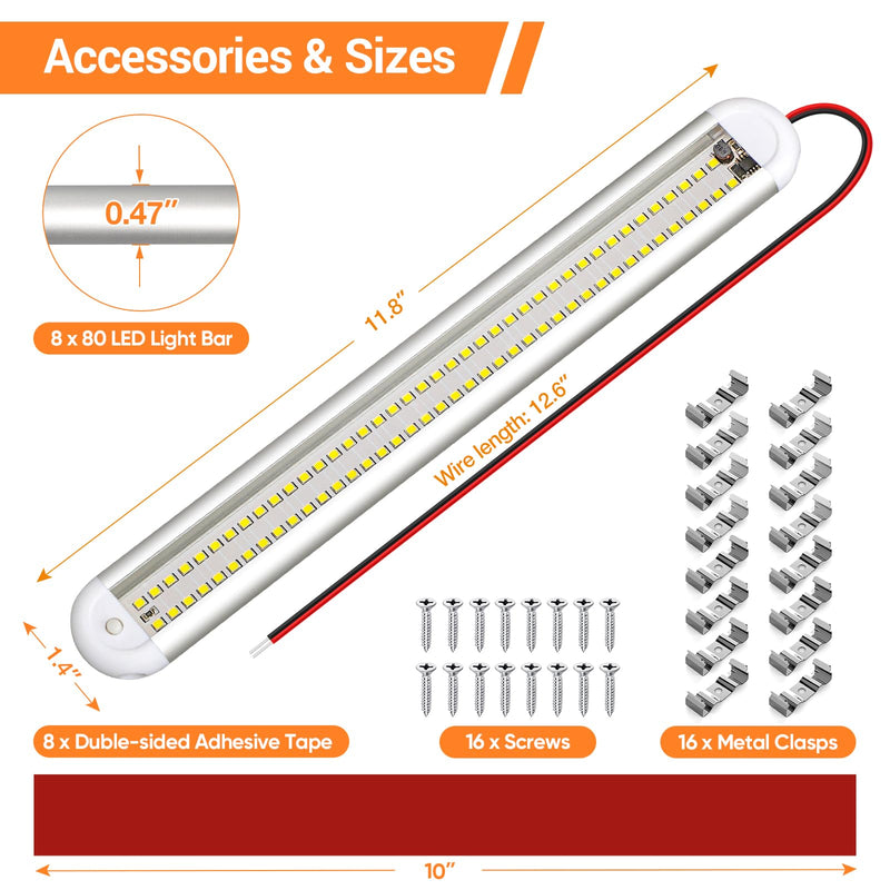 CT CAPETRONIX 12v Led Light Bar Strip, 80leds 1200LM 6.5W DC 12 Volt Led Strip Lights Fixtures with Switch, Enclosed Trailer Lights for RV Interior, Van, Truck Lorry, Camper, Boat, Caravan (8Pcs) 8PCS
