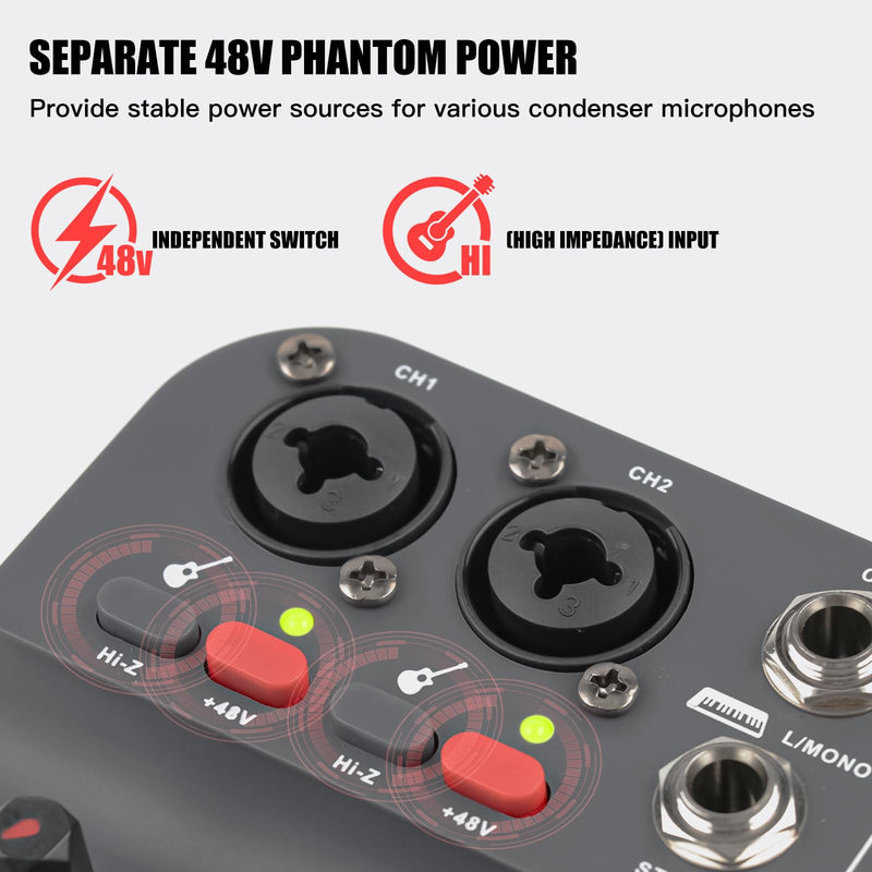 [AUSTRALIA] - Professional Audio Mixer, TKLBLS 4-Channel Unpowered Mixing Console with USB/Bluetooth Playback, 48V Phantom Power, REC Output, MP3 Player, Digital Delay Effects, for Streaming, Studio, Karaoke T4 