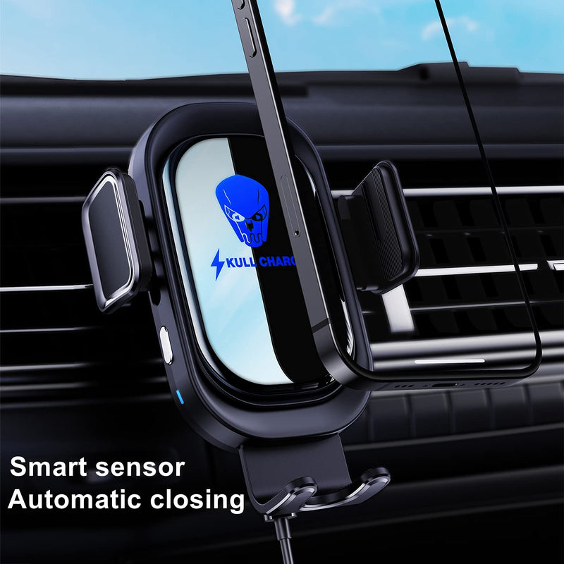 Wireless Car Charger, Qi 15W Fast Charging, Car Phone Holder Mount, Vent Dashboard Car Mount, Long Arm Hands Free Cell Phone Holder [Skull Atmosphere Light] (Green_Light) Green_Light