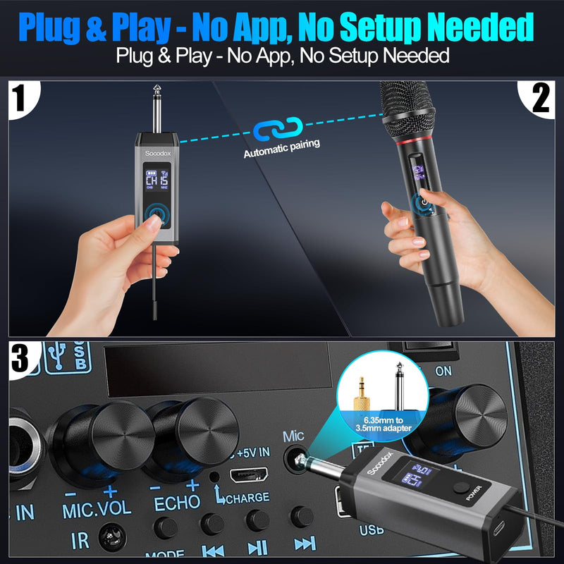 Wireless Microphone System for Karaoke, Dual UHF Metal Wireless Mic with Rechargeable Receiver, for PA System, Speaker, Party, DJ, Wedding, Church (Black) Black