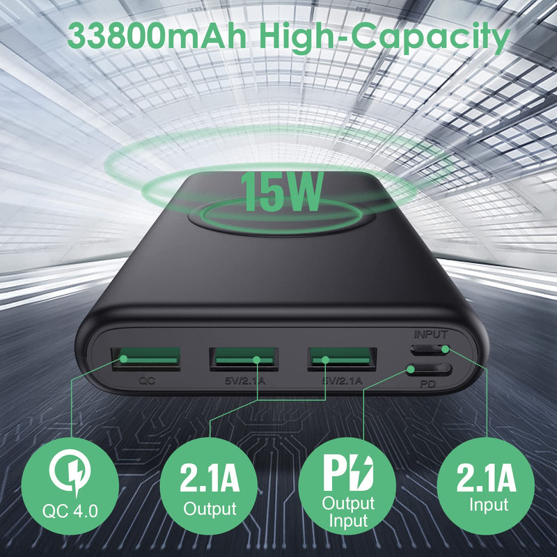 Wireless Portable Charger Power Bank, 33800mAh 15W Fast Wireless Charging 25W PD QC 4.0 USB-C Power Bank, 5 Output & Dual Input External Battery Pack Compatible with iPhone 15/14/13/12/11,Android etc Black
