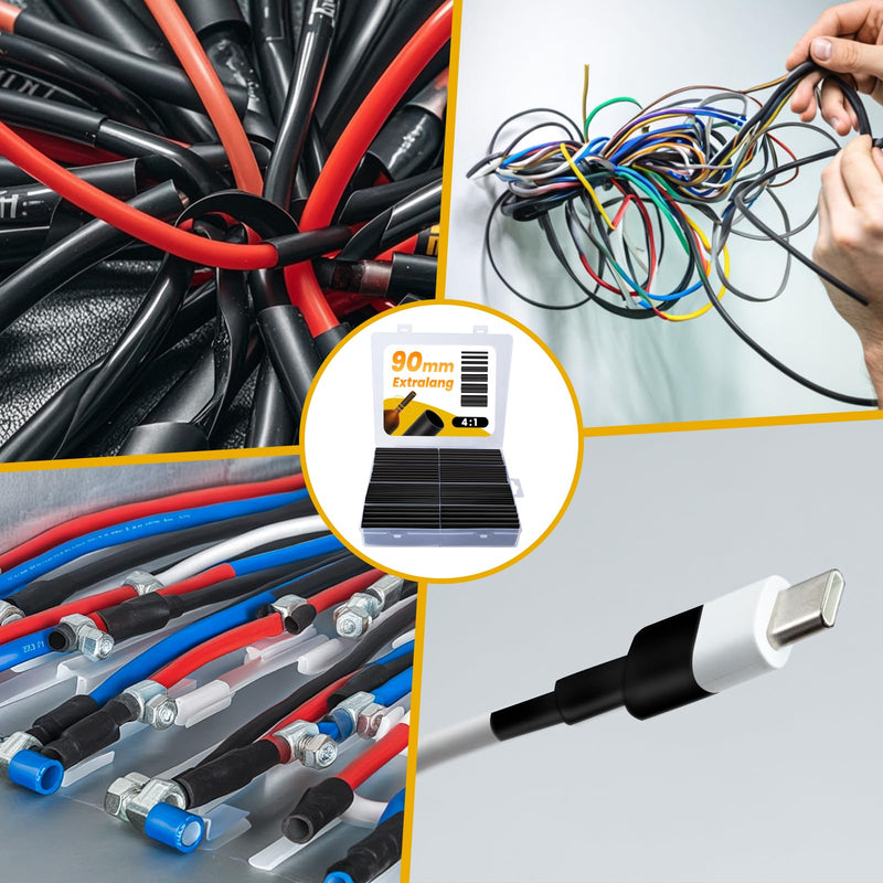 [AUSTRALIA] - Fosdaling Heat Shrink Tube Set, 90 mm Extra Long 4:1 Heat Shrink Tubing, Waterproof with Adhesive, Heat Shrink Tube Assortment (7 Sizes, Black) 