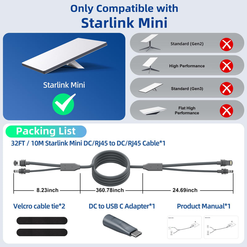 for Starlink Mini Ethernet Cable with Power Cord, 3 in 1 ( 32.8FT / 10M ) | RJ45 to RJ45 / DC to DC/DC to C, Replacement Waterproof Extension for Starlink Mini Cable Accessories 10.0 Meters