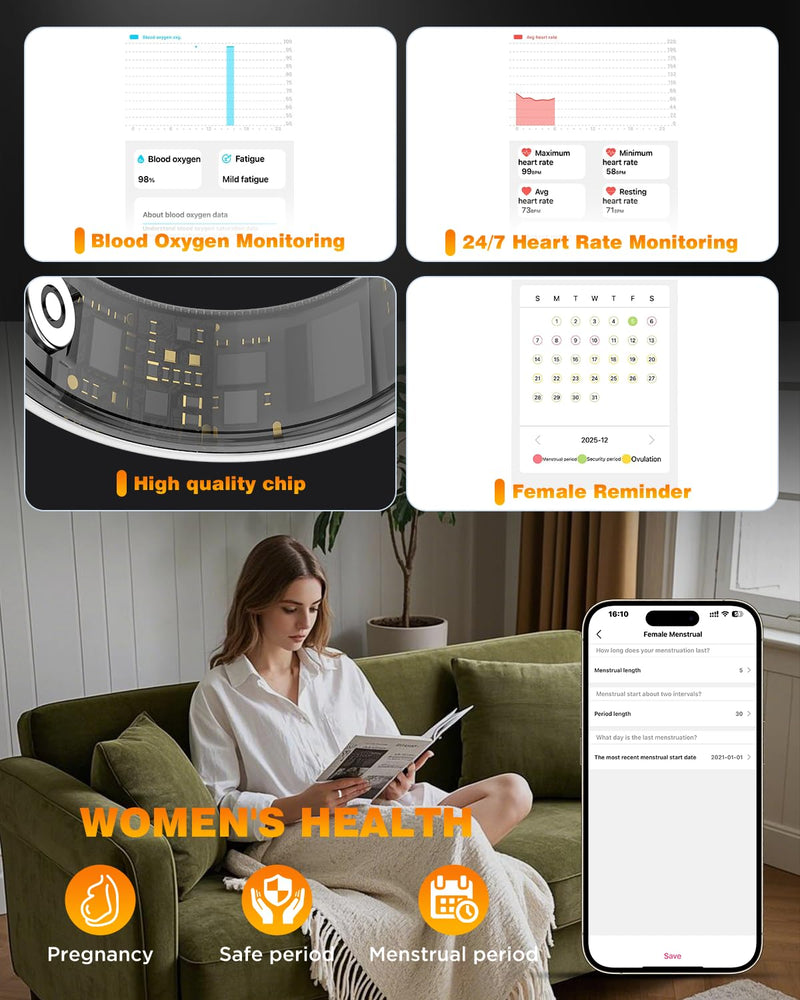 Ceramic Smart Ring Health Tracker with Charging Case Sleep, Heart Rate & SpO2 Monitor, 5ATM+IP68 Waterproof Fitness Ring for Men Women, No Subscription, 4-9Day Battery, iOS/Android Compatible White 7#
