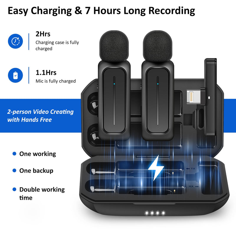 [AUSTRALIA] - Ecomxia 2 Pcs Wireless Lavalier Microphone for iPhone iPad Android with Charging Case 7H Clip on Lapel Microphone Wireless for Video Recording Vlogging, YouTube, Interview, 3 Mode Denoise, 70ft Black 