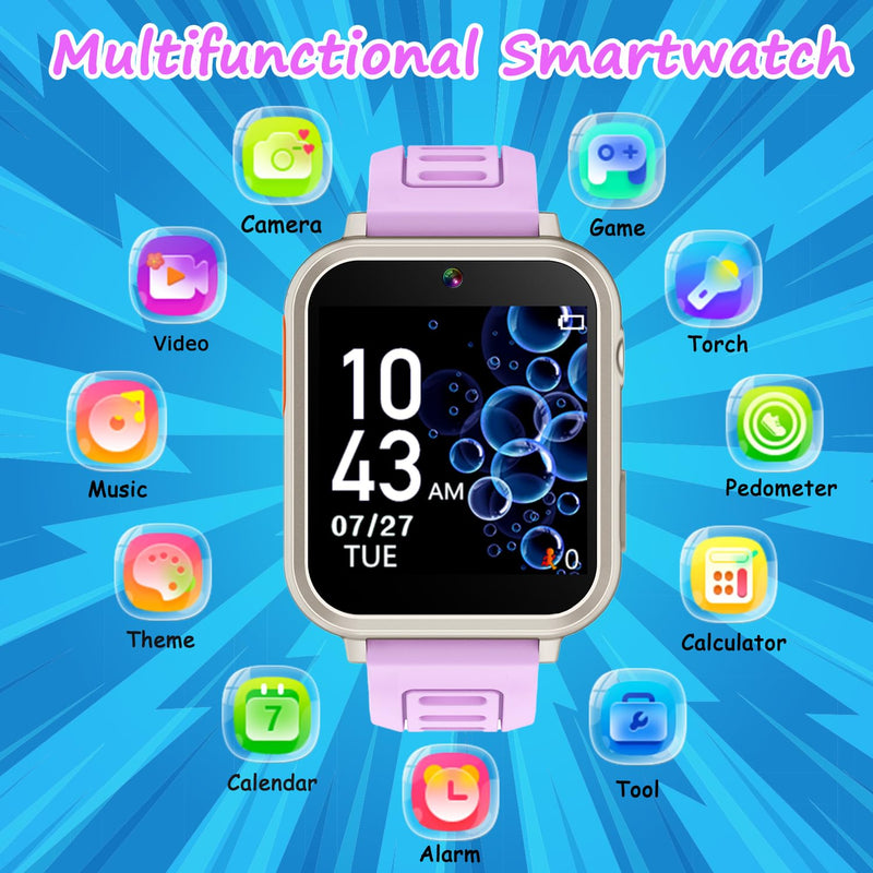Wiszodet Smart Watch for Kids Toys for Girls Ages 4-12 Years Old, Kids Smart Watch Girls Toys with 24 Puzzle Games HD Touch Screen Camera Alarm Clock Birthday Gift for 6 7 8 9 Year Old Girl Silver Purple