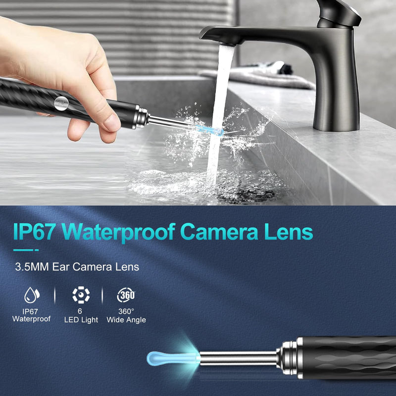 Ear Wax Remover Otoscope, 1080P WiFi Ear Cleaner Camera, IP67 Waterproof Ear Mirror 360° Wide Angle Ear Cleaner Otoscope Ear with 3.5 mm Lens and 6 LEDs for iPhone, iPad and Android, Smartphones
