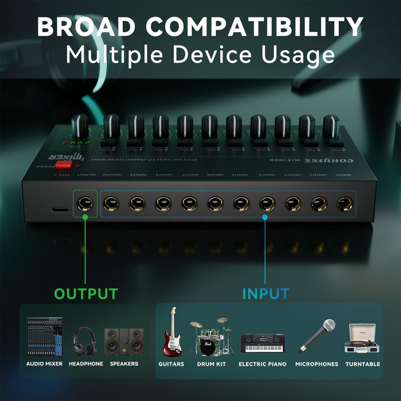 COKYISS® Small Mini Audio Mixer,10-Channel,Stereo Line Mixer for Sub-Mixing,Ultra Low-Noise,Microphone Independent Control,1/4" TRS Input/Output,for Bars,Guitars, Bass, Keyboards Mixer MIX1000