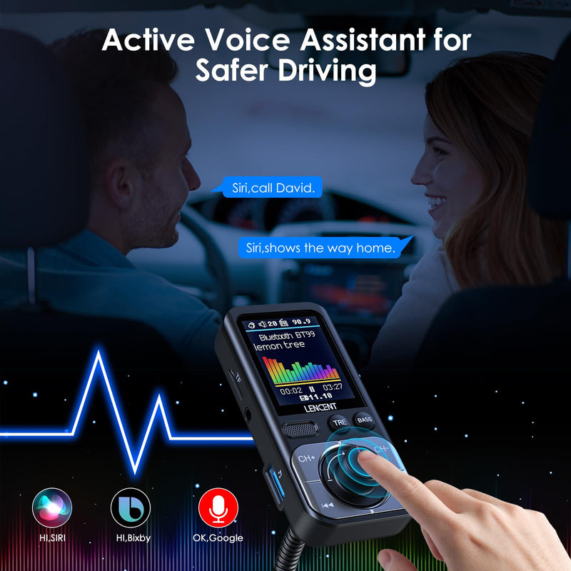 LENCENT Bluetooth 5.0 FM Transmitter for Car, AUX Car Radio Adapter, Big Color Screen, MP3 Music Player TRE&BASS Booster, QC3.0 Fast Charger, Wireless Microphone Support Hands-Free Siri Google TF Card